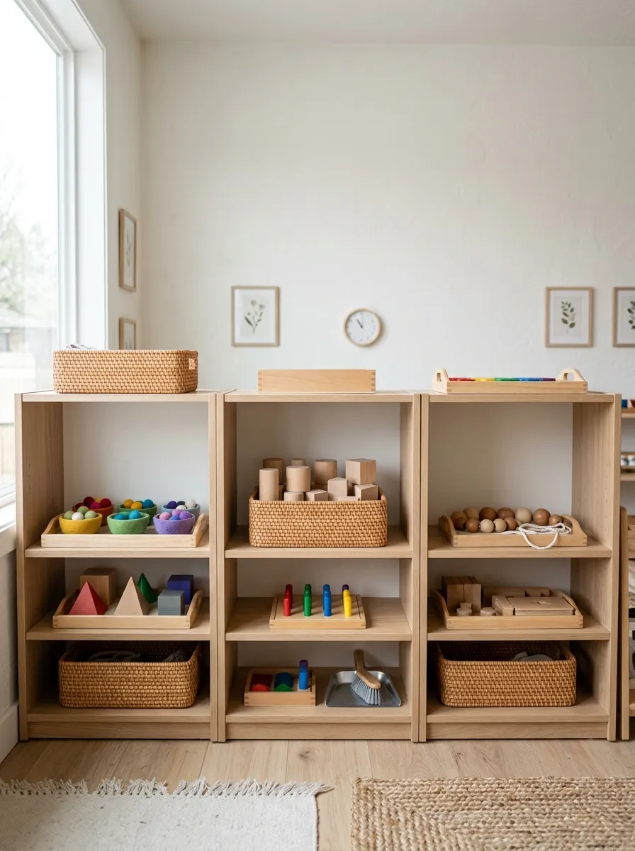 Low open white oak Montessori shelves neatly organized with woven rattan baskets and wooden toys