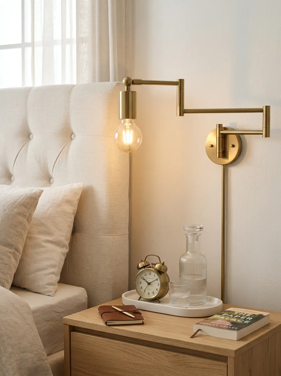 Bedside setup featuring a brushed brass swing-arm sconce mounted beside a cream upholstered bed