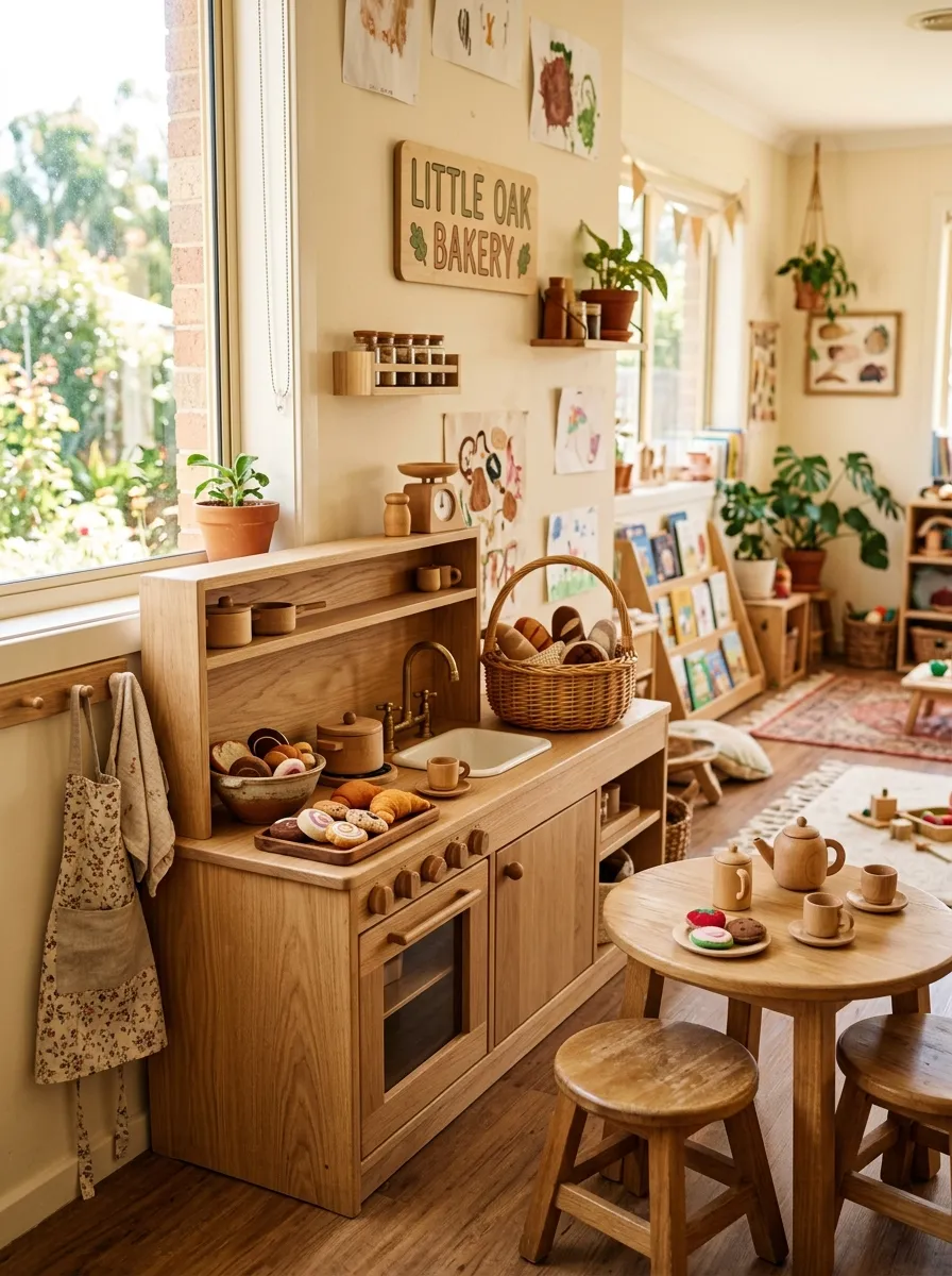 Preschool dramatic play kitchen crafted from natural white oak with felt food and rattan accessories