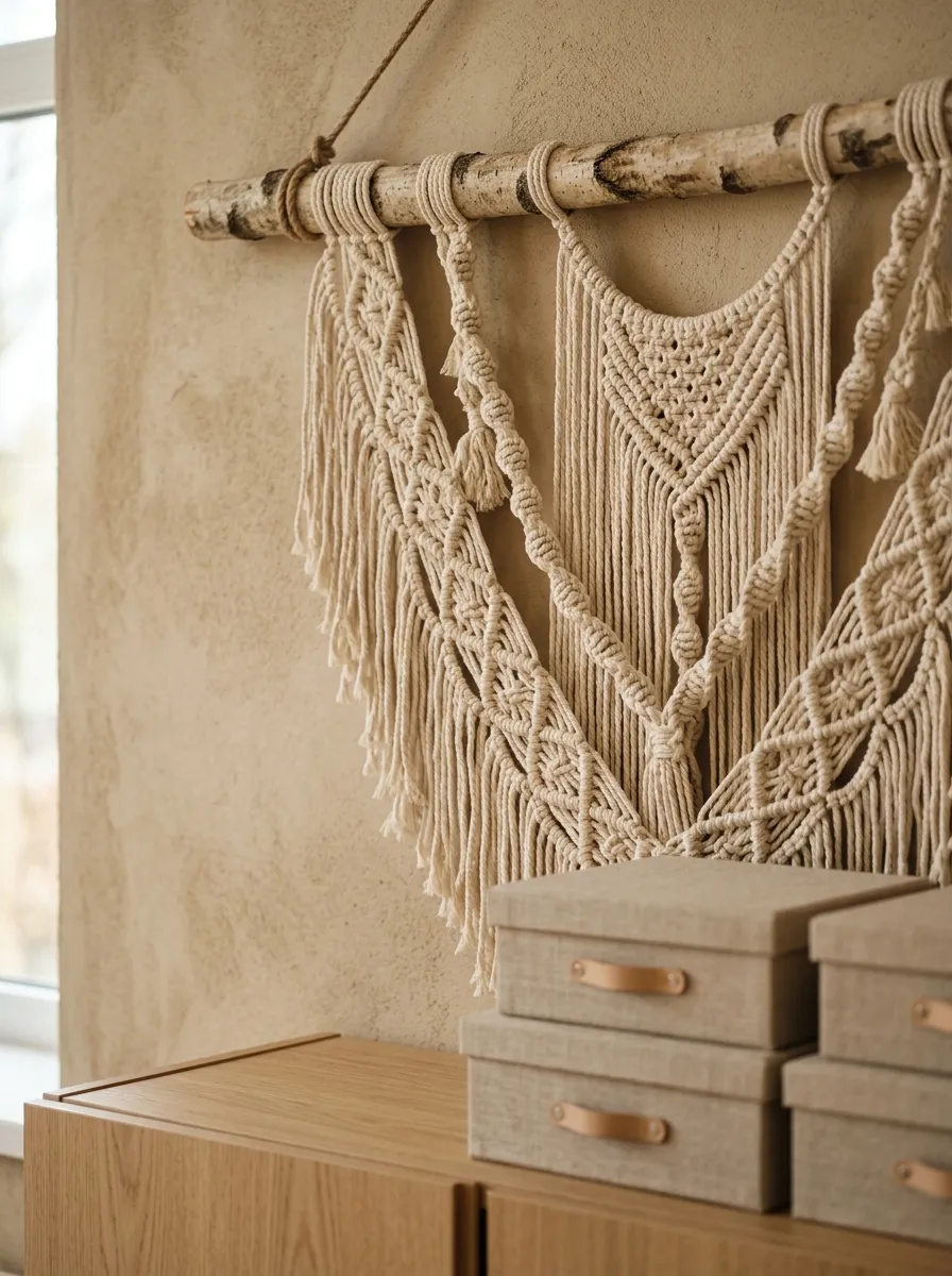 Intricate cream cotton macrame wall hanging adding soft texture to a classroom plaster wall