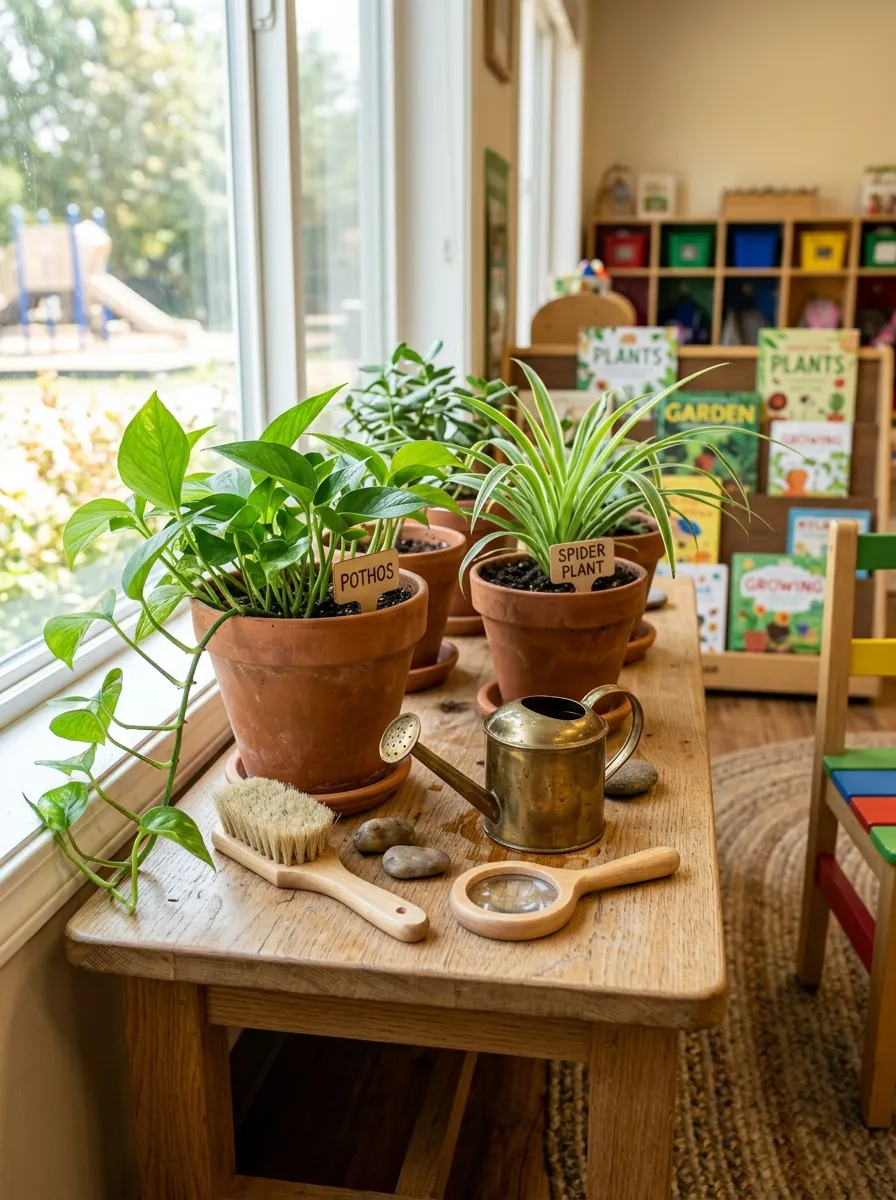 Child-height plant station with potted pothos plants, terracotta clay pots, and small brass watering cans