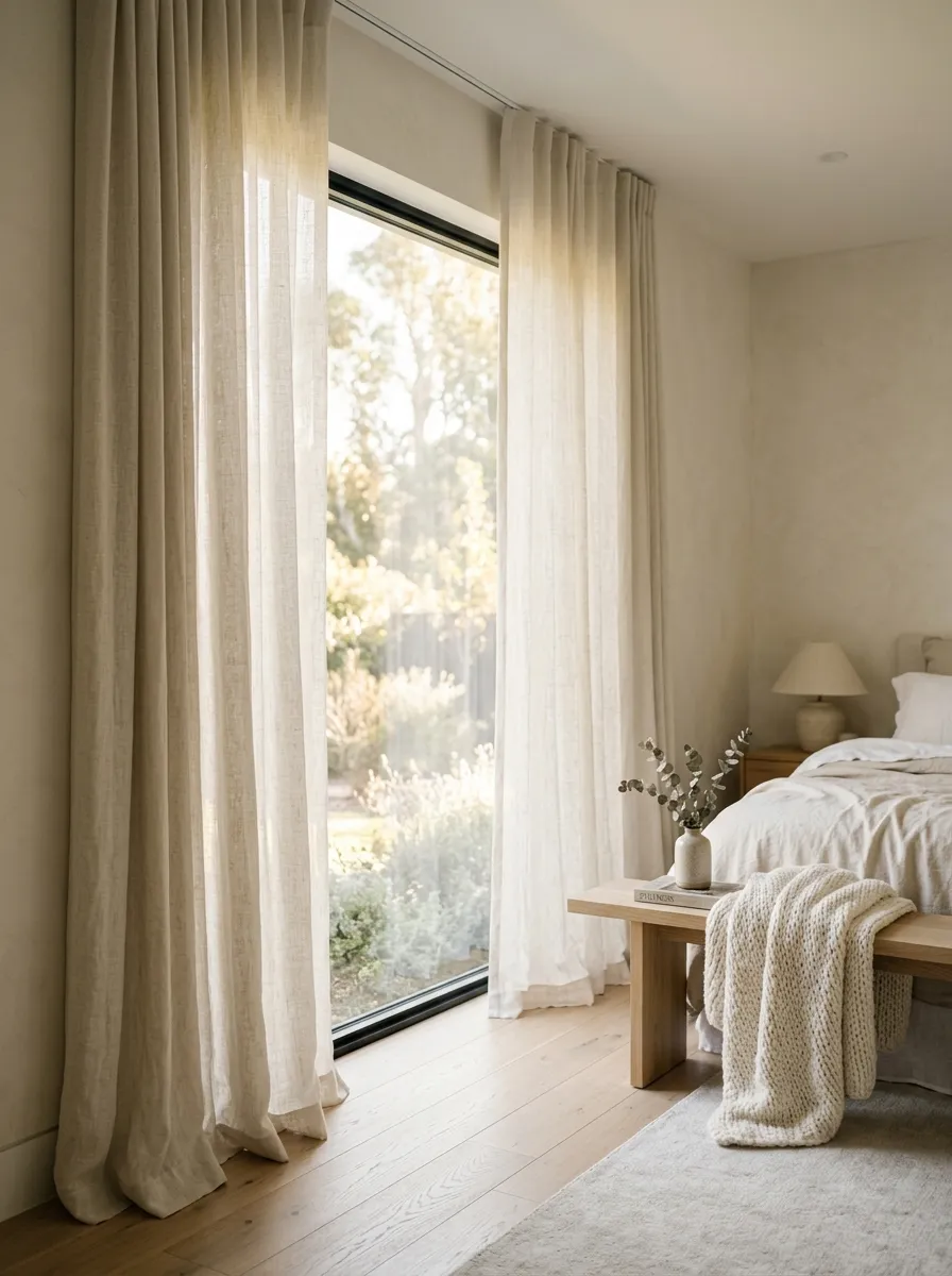 Floor-to-ceiling cream sheer linen curtains diffusing soft sunlight into a neutral bedroom