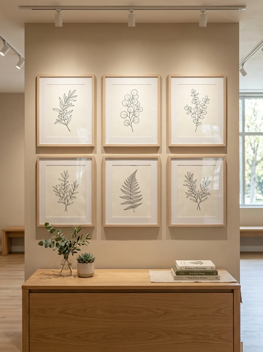 Symmetrical classroom gallery wall featuring light oak frames with botanical line art prints