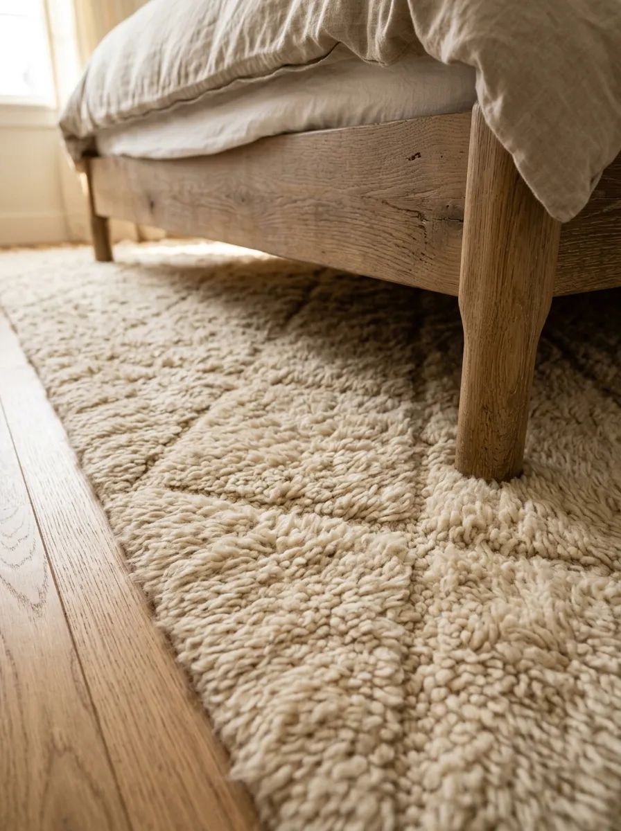 Detailed close-up of a plush high-pile ivory wool rug placed beneath a light oak bed frame