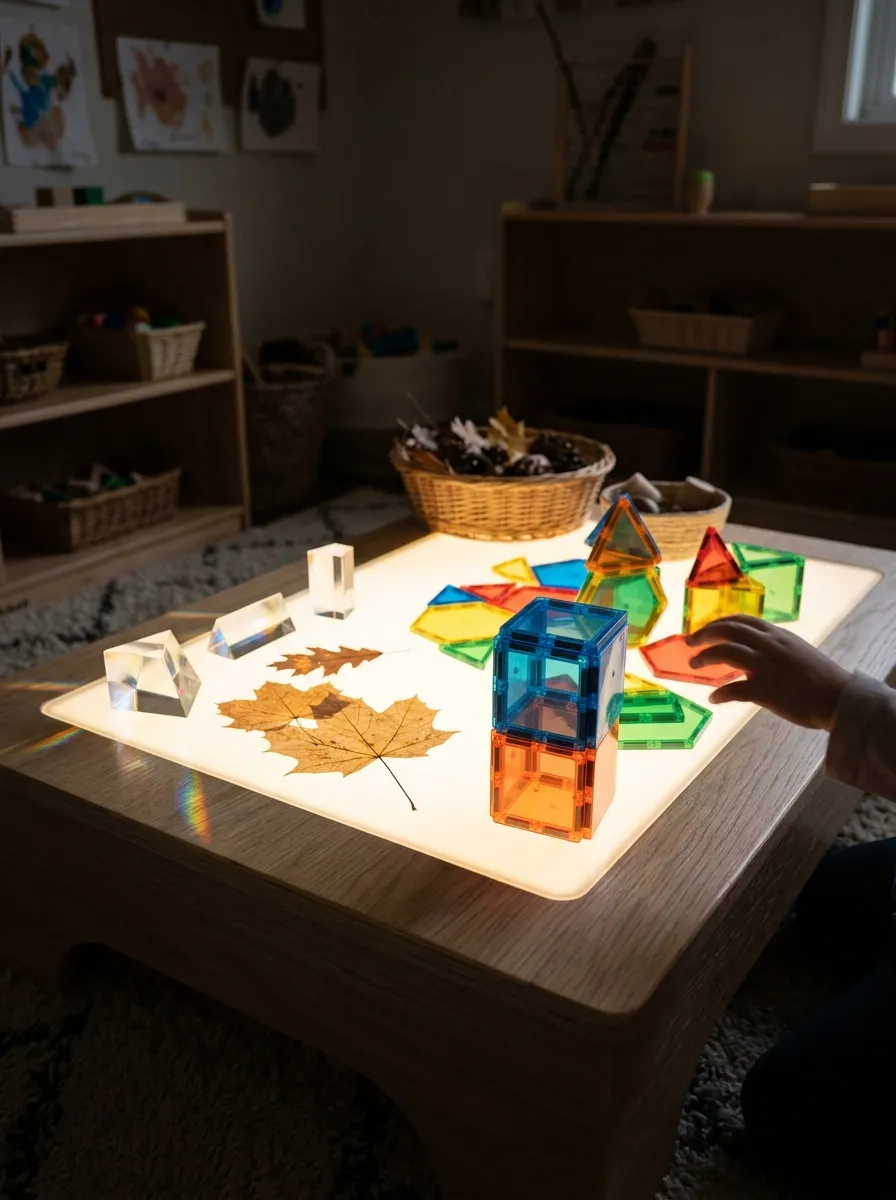 Low LED light table in a dimmed preschool room displaying colorful translucent acrylic geometric blocks