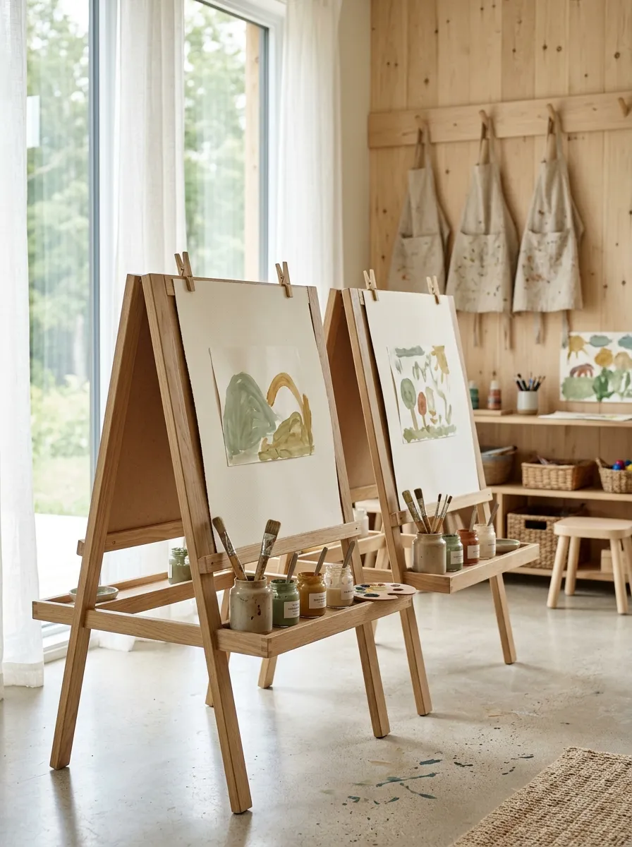 Preschool creative art station featuring double-sided white oak easels and clay pots holding paintbrushes