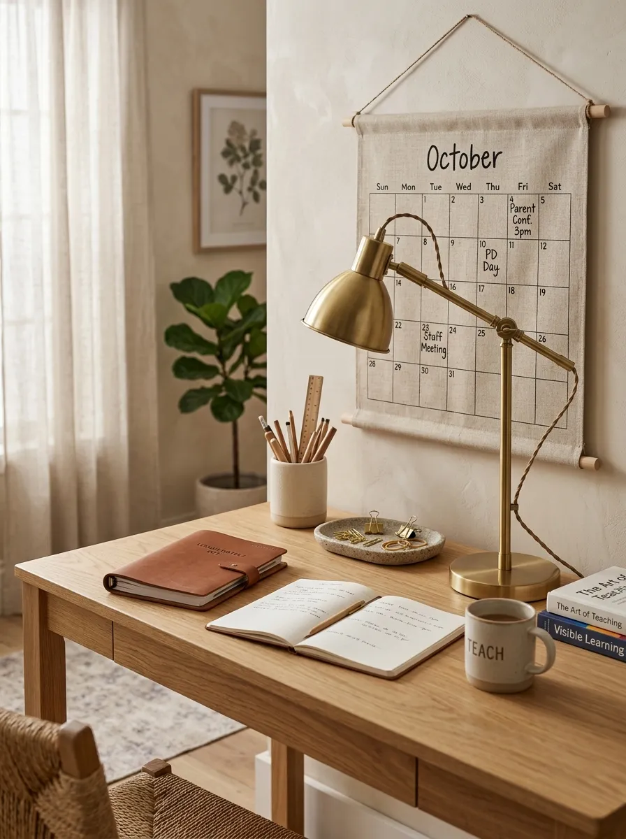 Organized teacher desk featuring white oak surfaces, brass task lamps, and cream ceramic pencil pots