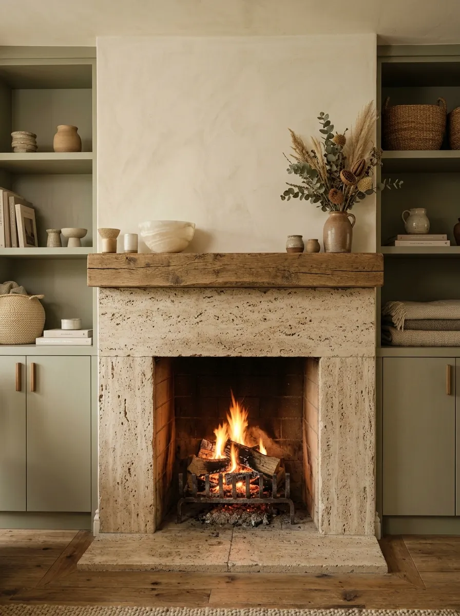 Fireplace nook featuring a porous beige travertine surround flanked by muted sage green built-in cabinets