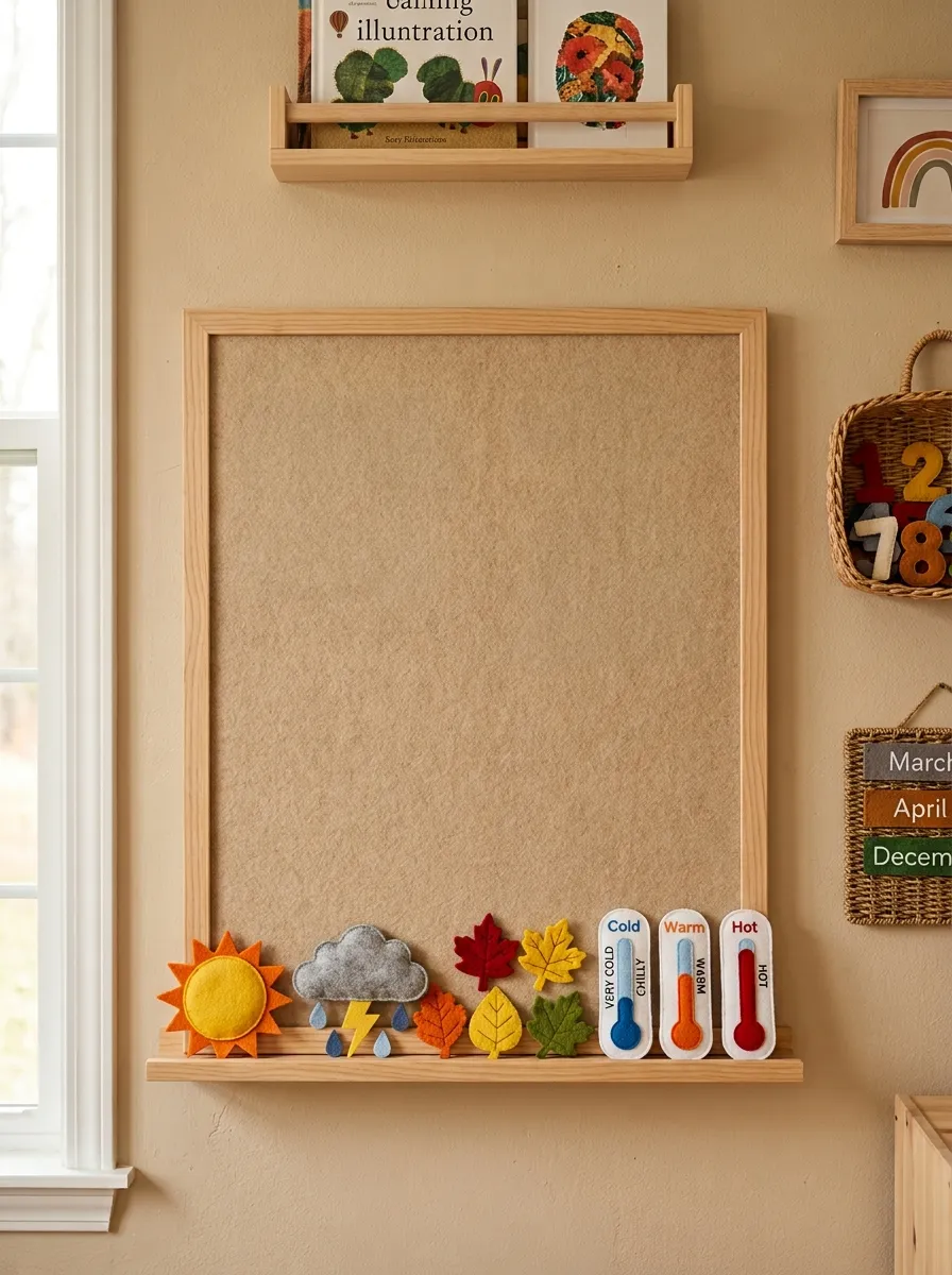 Large beige felt wall board with handcrafted neutral felt weather shapes like suns, clouds, and trees