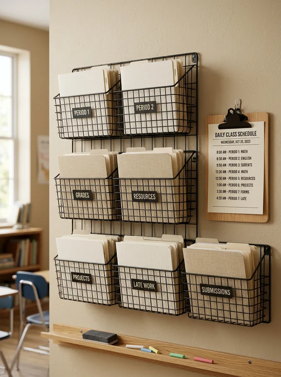 Wall-mounted matte black wire organizational baskets holding cream linen file folders