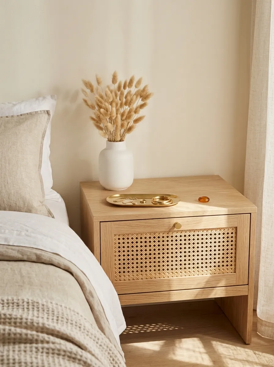 Bedside table with woven cane drawer fronts set against a matte cream wall
