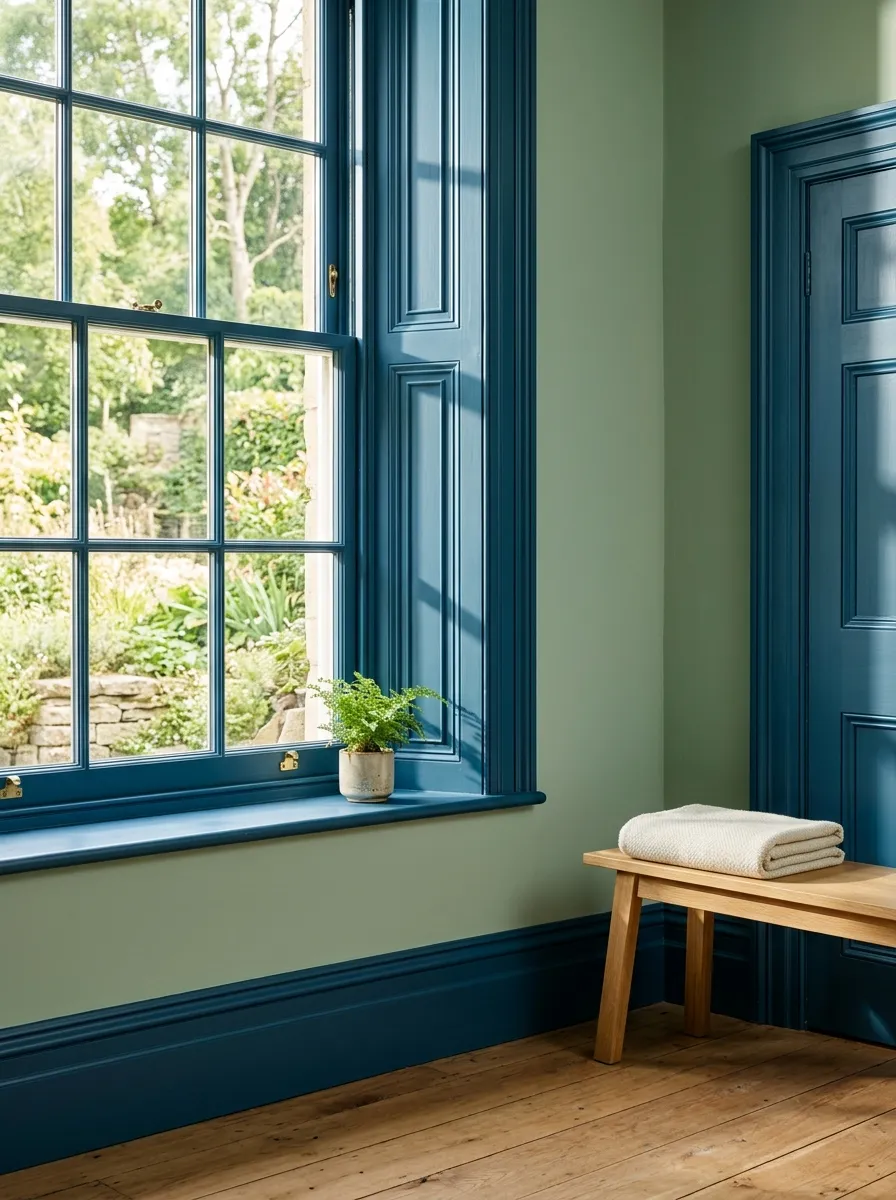Living room wall featuring soft pine green paint contrasted with rich Aegean blue window trim