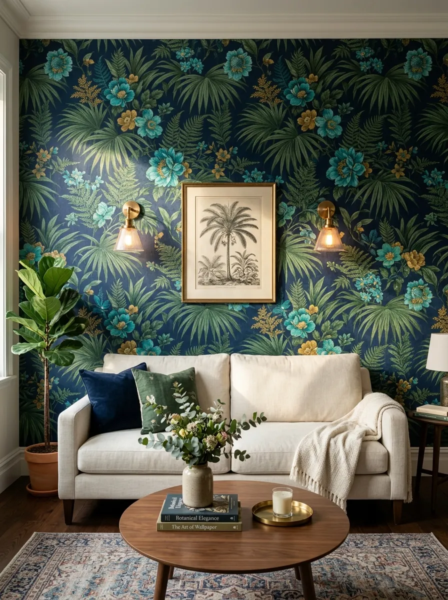 Living room feature wall clad in a large-scale botanical wallpaper with blue and green flora