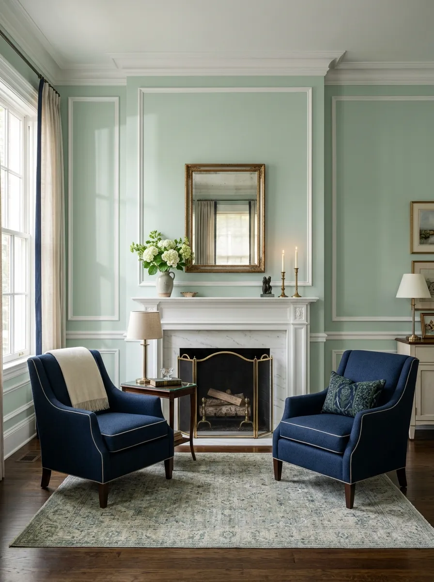 Elegant living room with pale celadon green walls and French navy blue armchairs