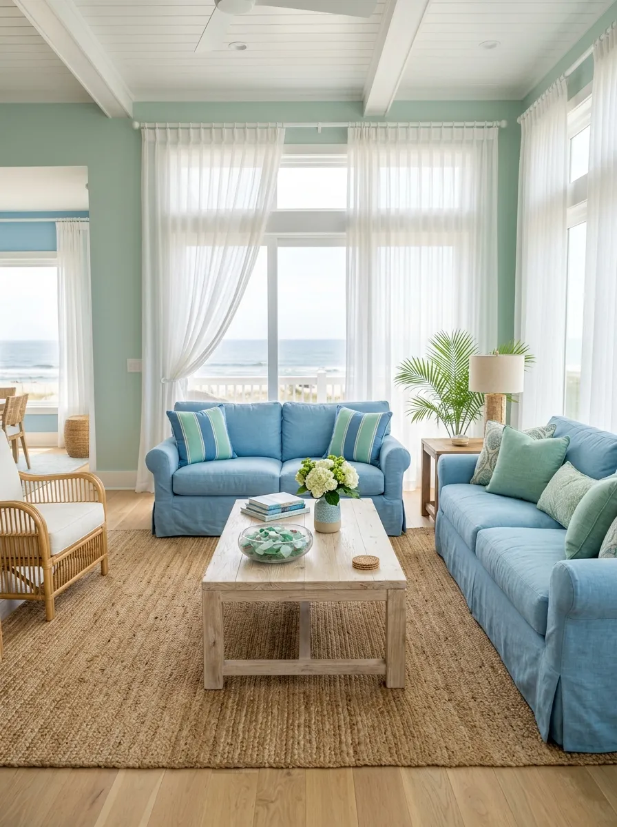 Sunlit coastal living room featuring seafoam green walls and sky blue linen slipcovered seating