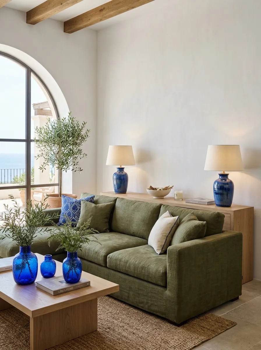 Modern living room with a washed olive green linen sofa and high-contrast cobalt blue glass accessories