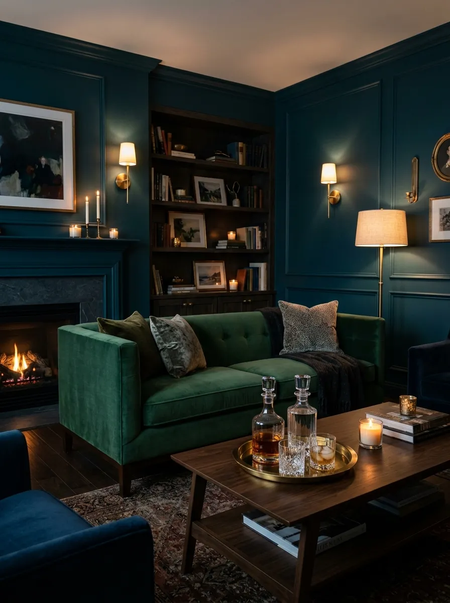 Dramatic living room with deep cyan painted walls and dark juniper green velvet furniture