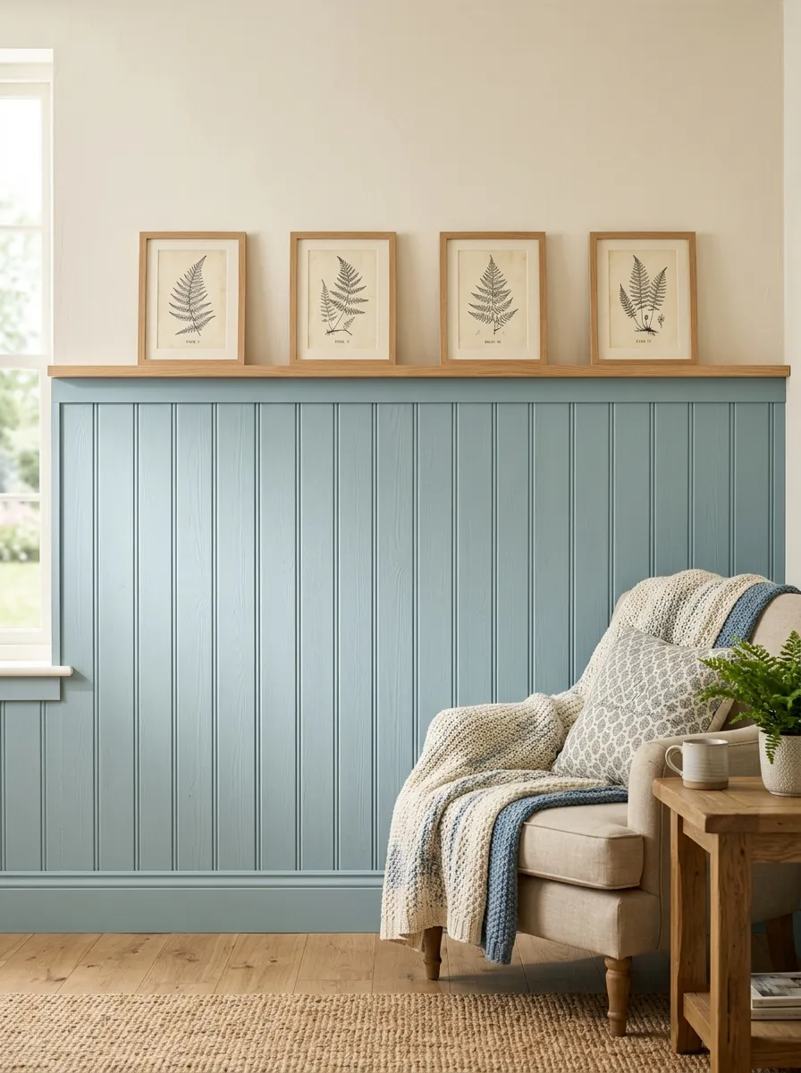 Living room wall featuring half-height duck egg blue board and batten paneling with botanical art above