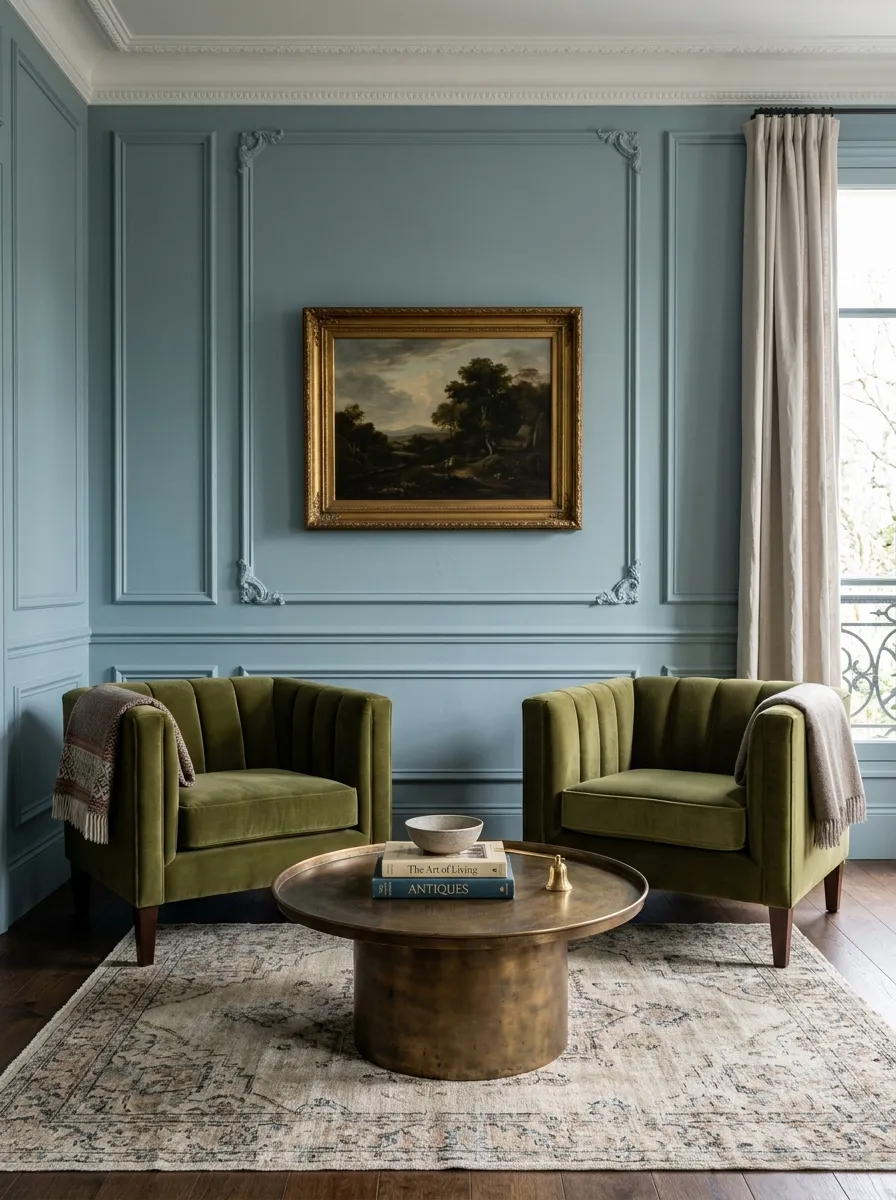 Sophisticated living room with duck egg blue walls and a pair of olive green velvet armchairs