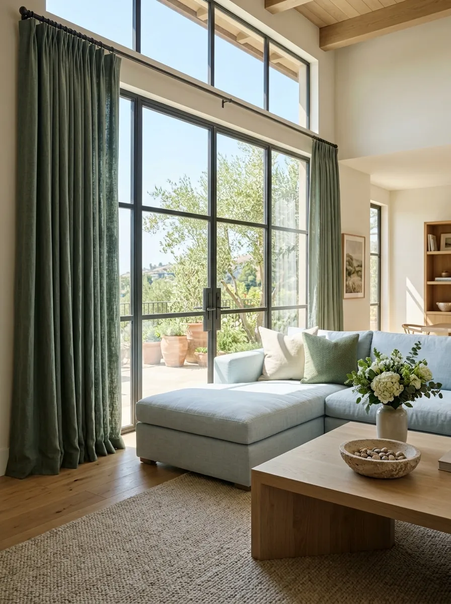 Sunlit living room with soft eucalyptus green drapes and an ice blue linen sectional sofa