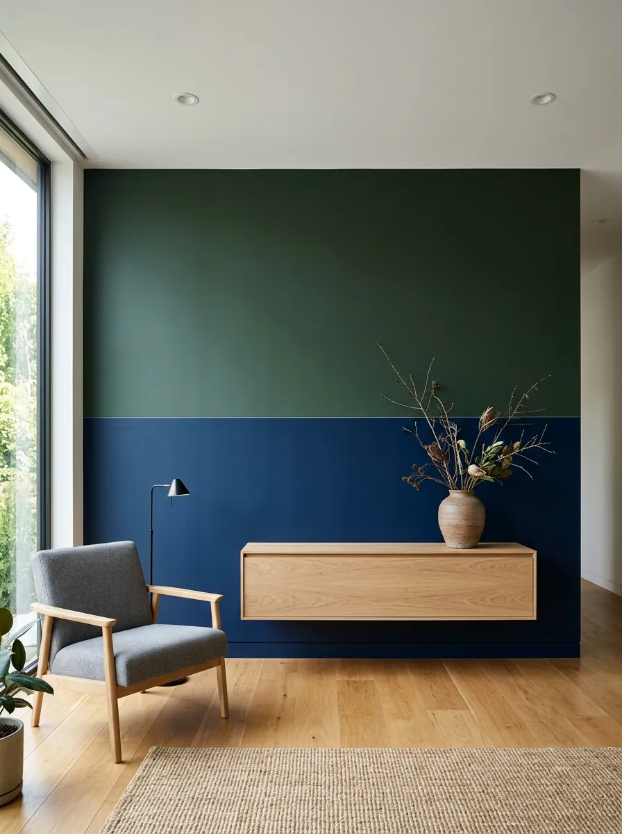 Architectural living room wall painted with horizontal color blocking in forest green and indigo blue