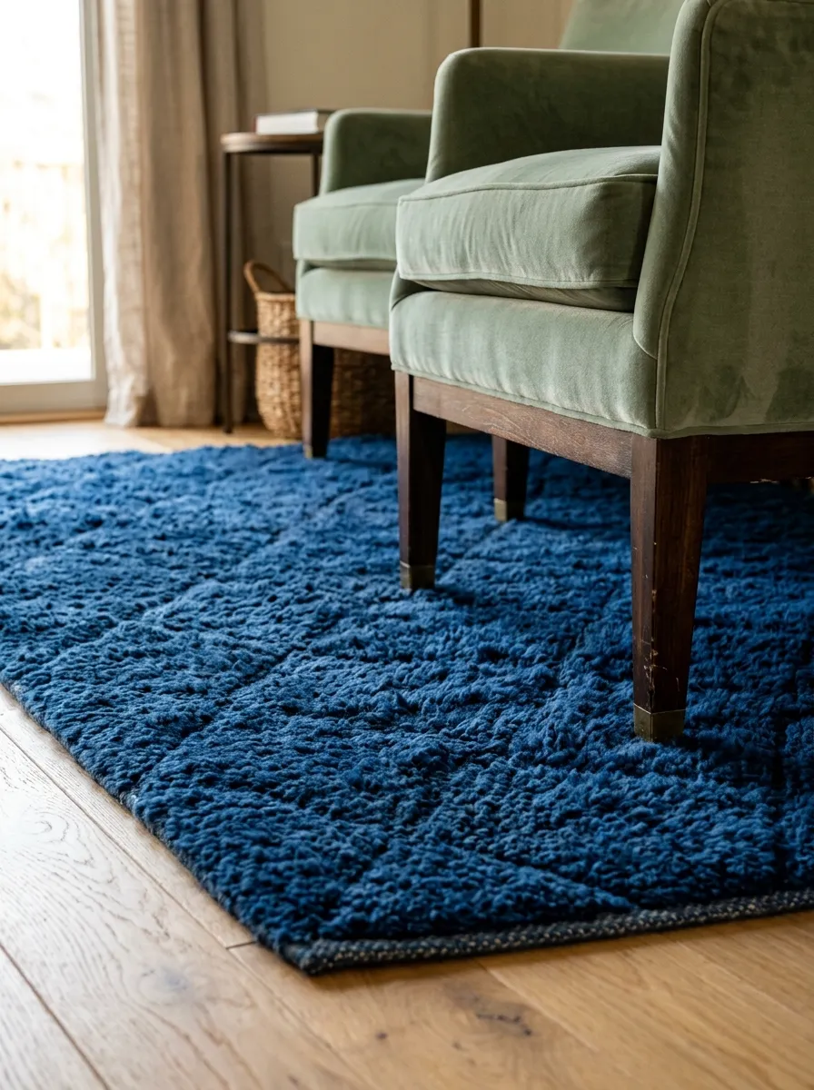 Living room floor detail featuring a rich lapis lazuli blue rug under sage green velvet armchairs