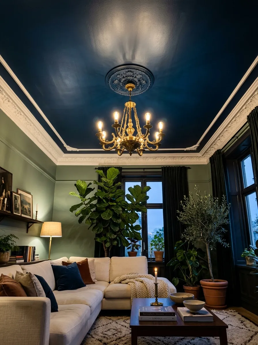 Living room with a dark midnight blue painted ceiling and sage green walls