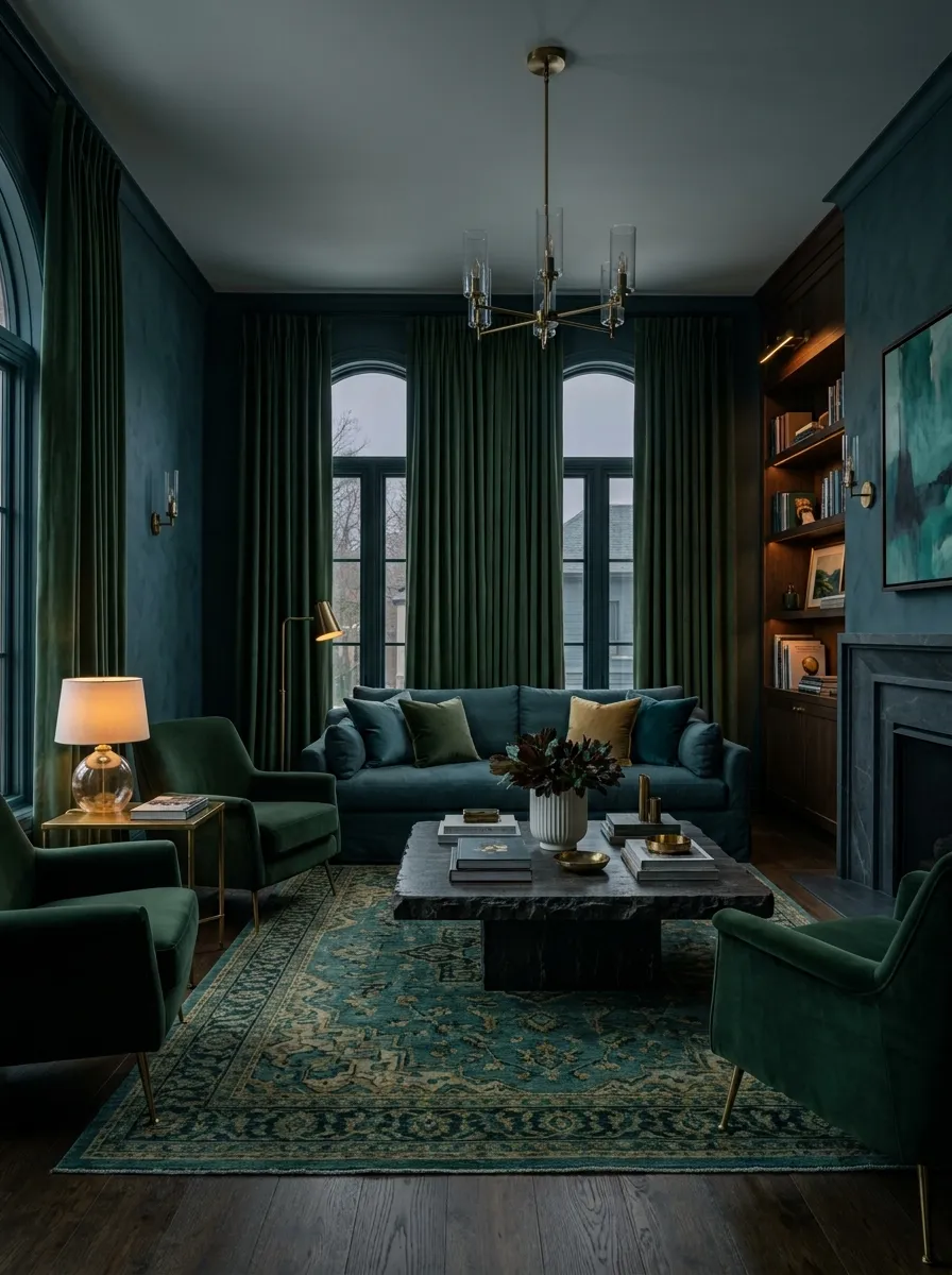 Luxurious living room featuring a seamless blend of dark teal and forest green walls, drapery, and seating