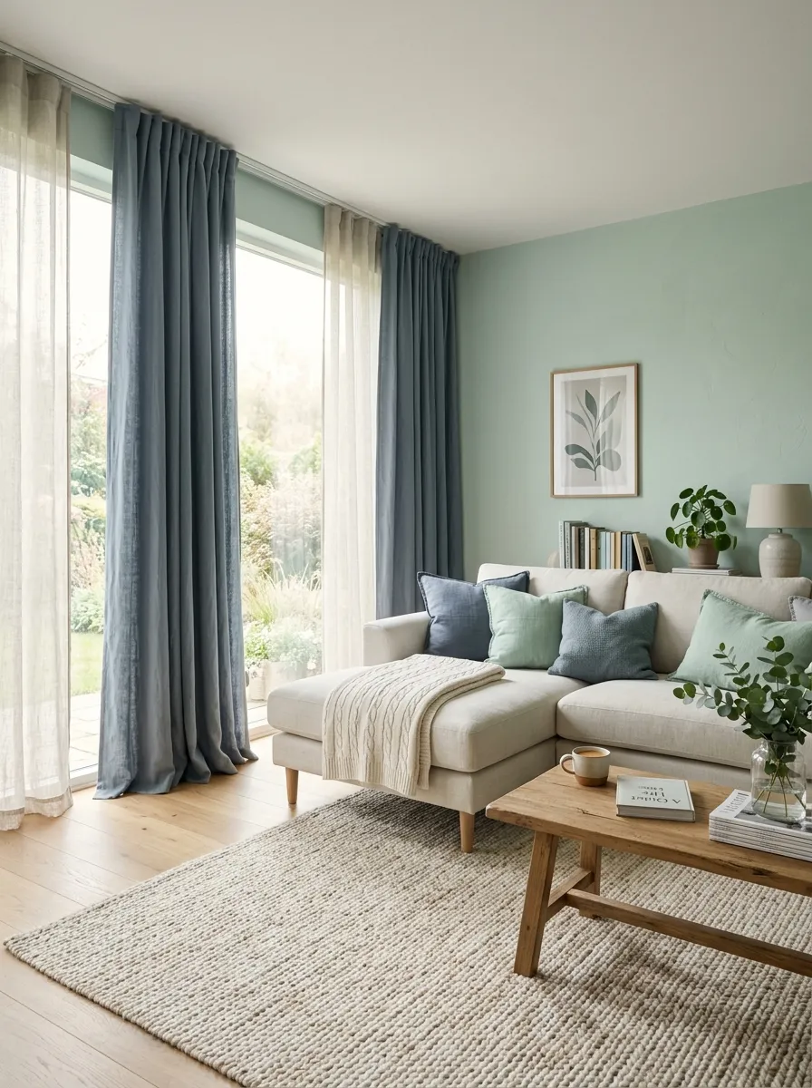 Tranquil living room with soft muted mint green walls and dusty slate blue linen drapes