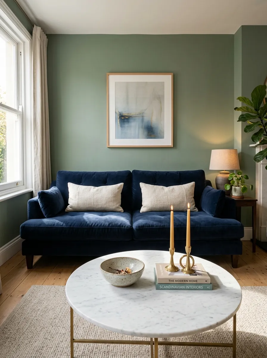 Sleek navy velvet sofa centered against velvety matte sage green living room walls