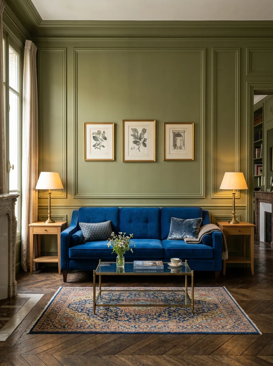 Historic living room featuring olive green picture frame wall molding and royal blue velvet seating
