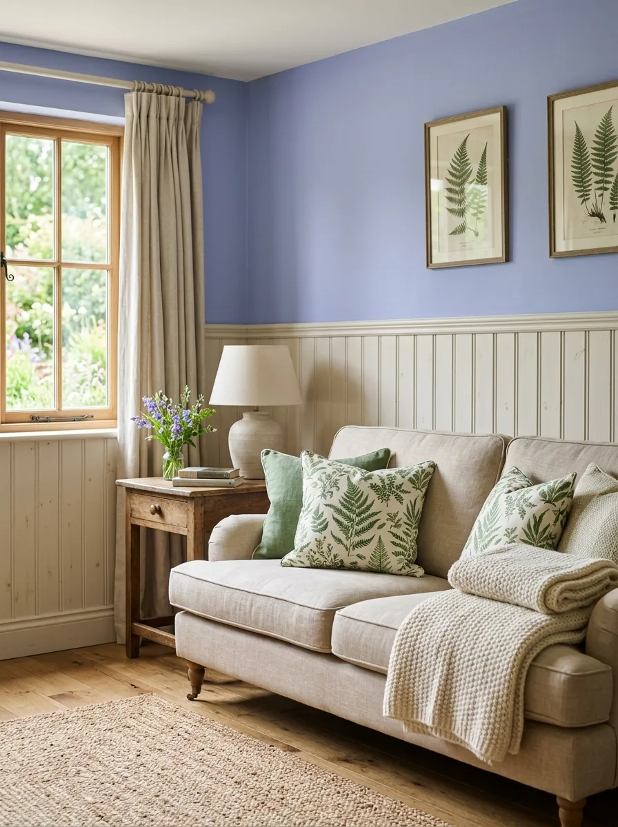 Cozy cottage living room with soft periwinkle blue walls and fern green patterned textiles