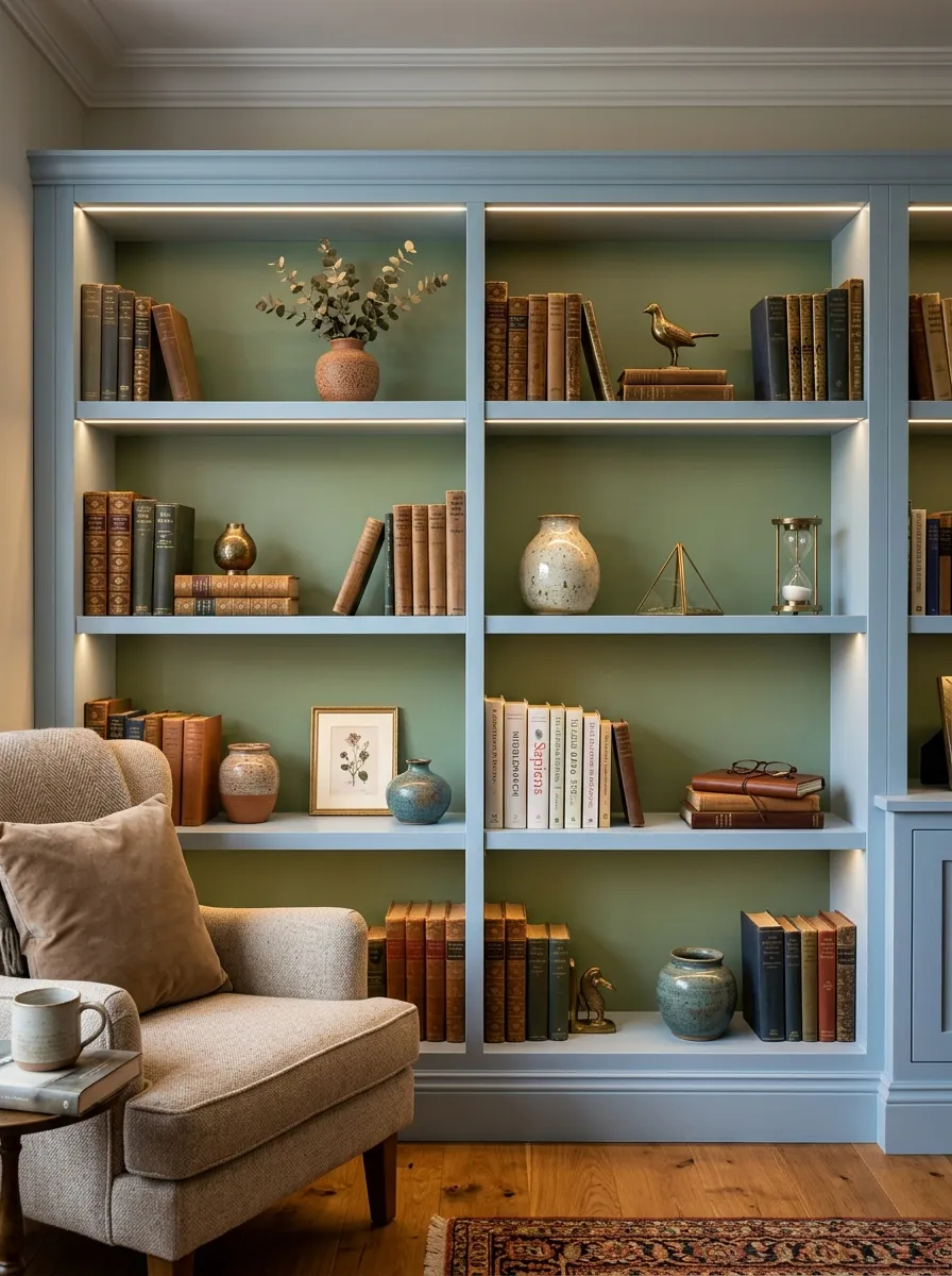 Built-in powder blue living room bookshelves with sage green painted backing boards