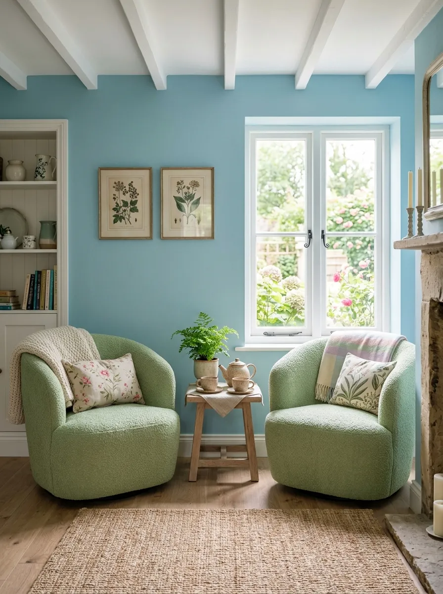 Charming living room featuring robin's egg blue walls and pistachio green accent chairs