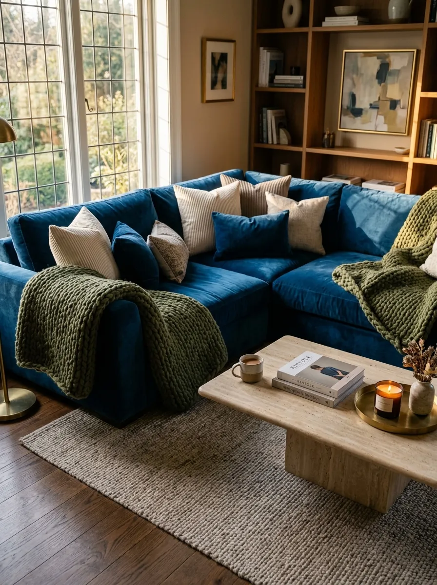 Luxury living room featuring a sapphire blue velvet sectional styled with moss green knit throws