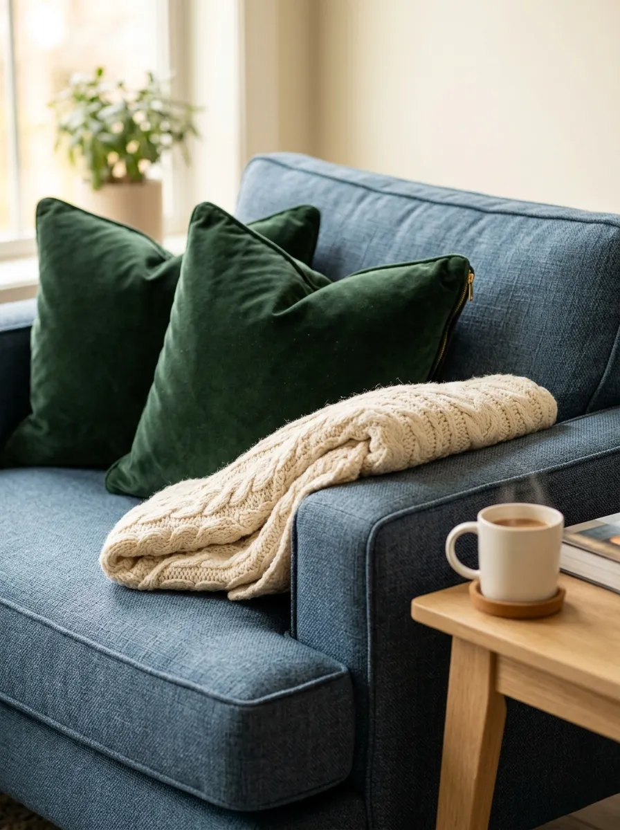 Cozy living room setup with a steel blue fabric sectional styled with hunter green velvet pillows