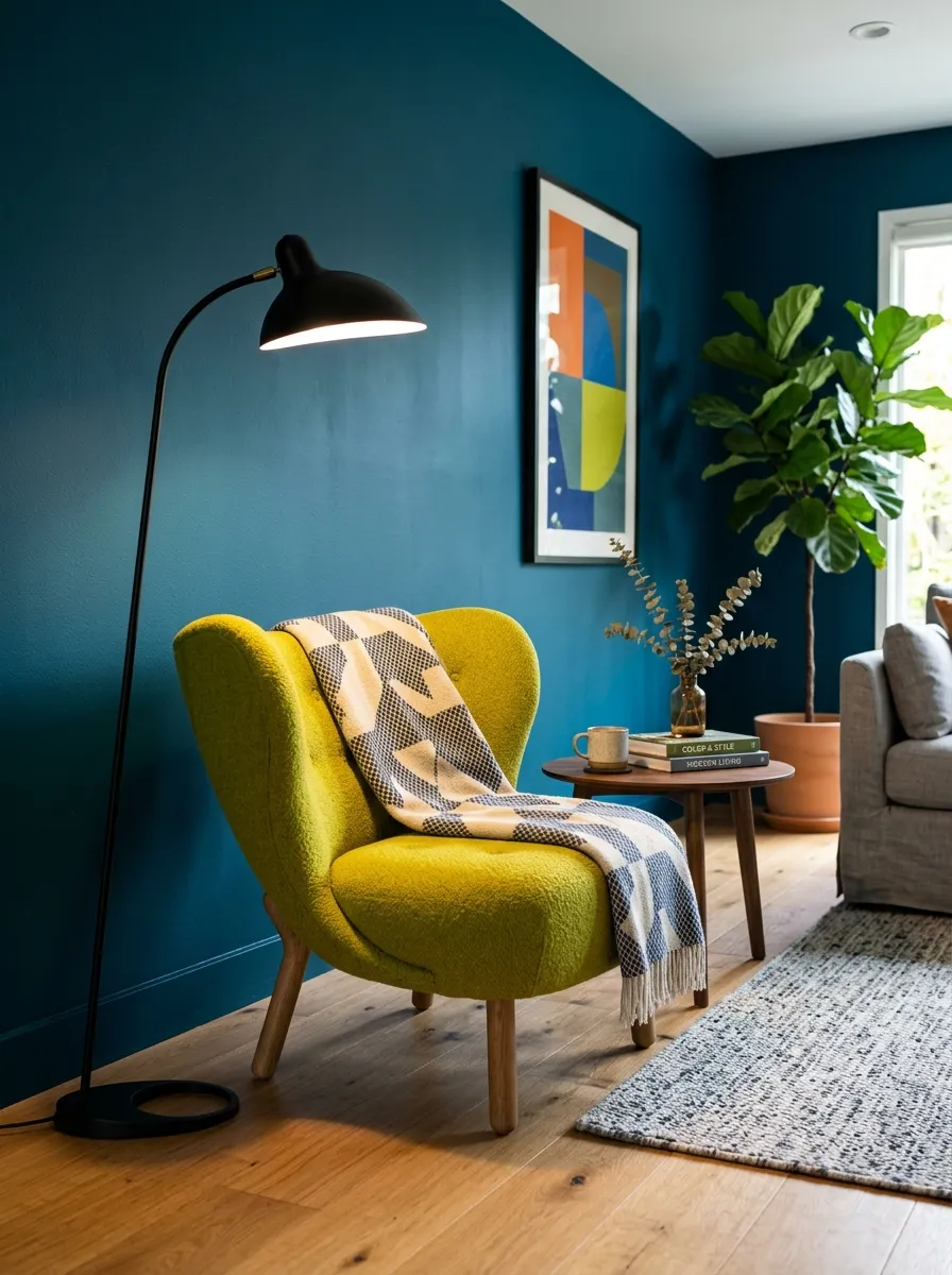 Modern living room with deep teal blue walls and a vibrant chartreuse green accent armchair