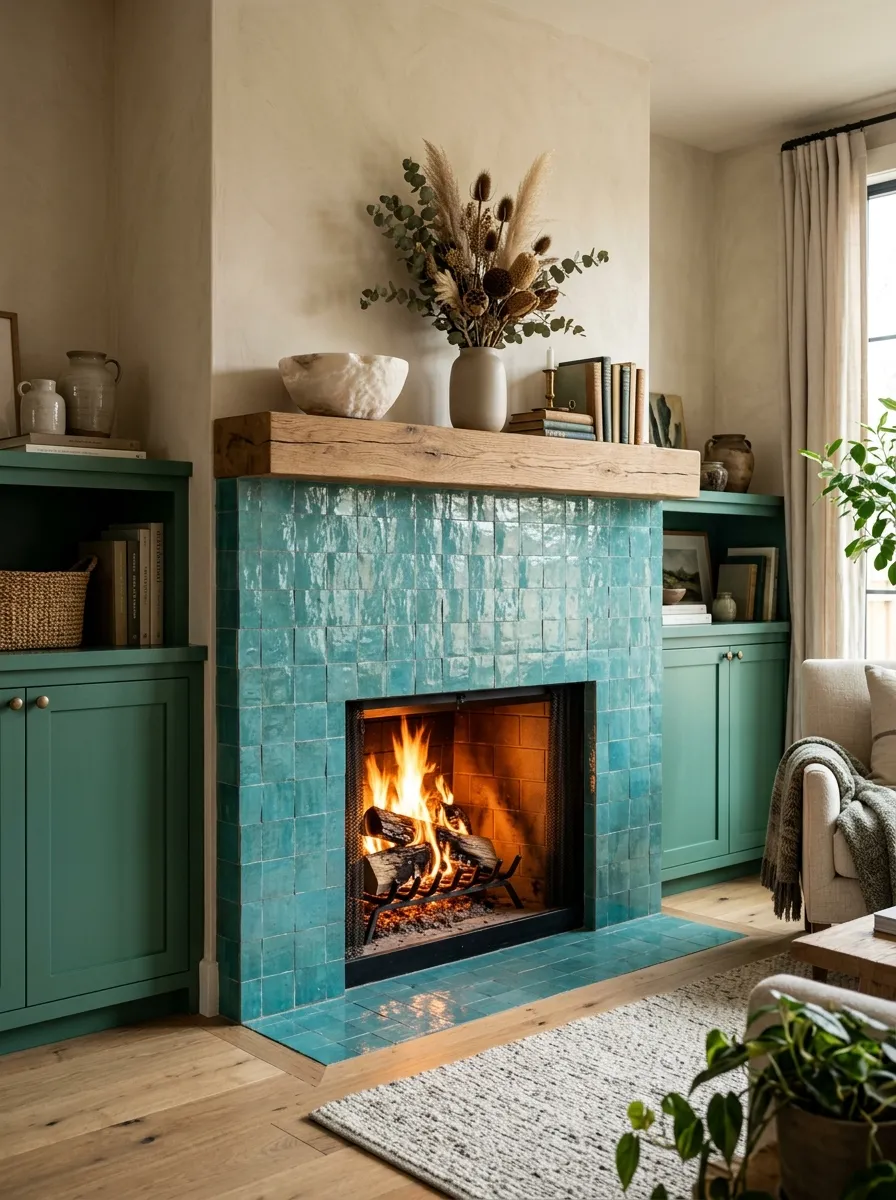 Living room fireplace nook with handmade turquoise ceramic accent tiles and jade green built-in cabinetry