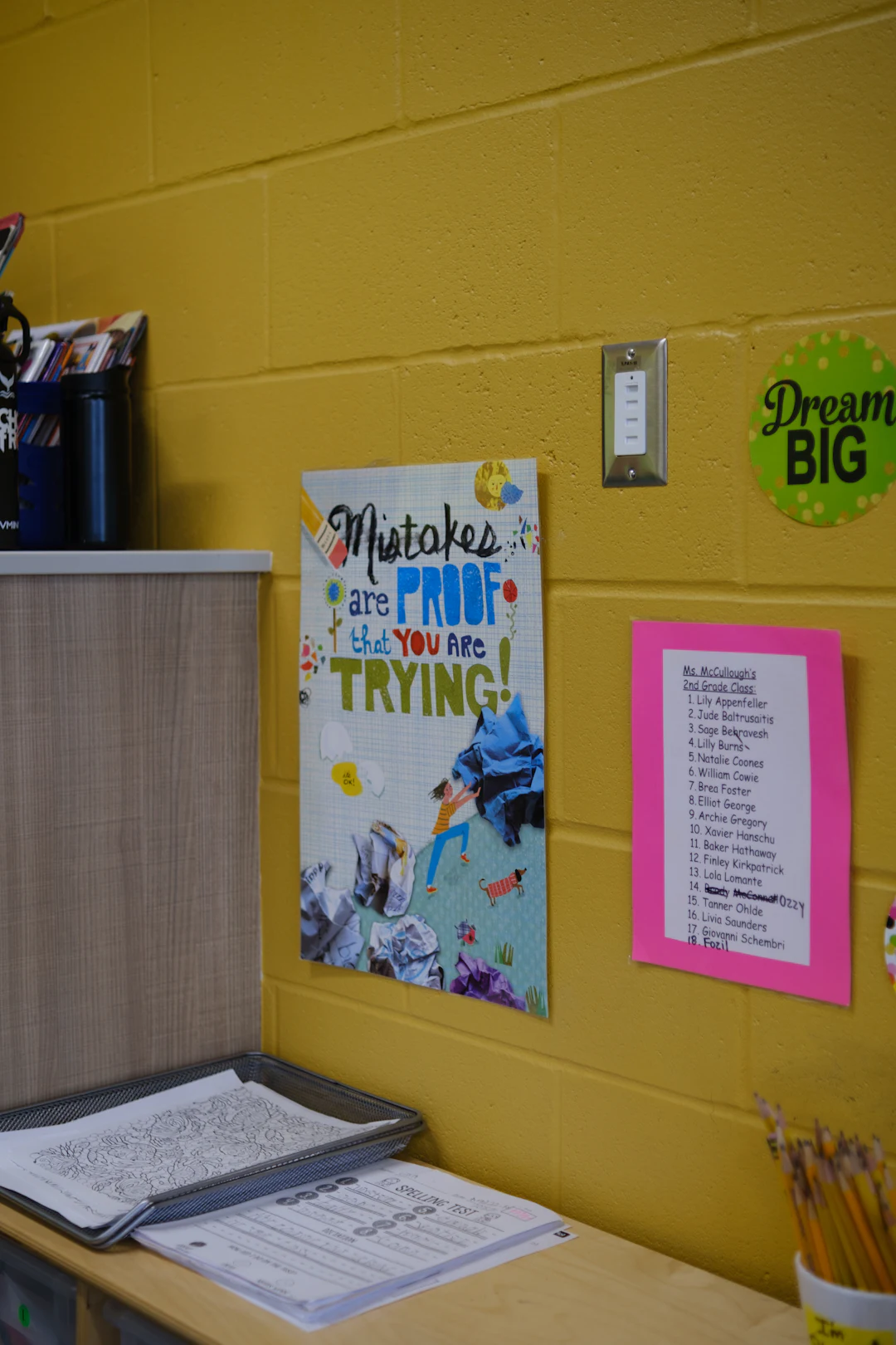 Classroom noticeboard used for routine reminders