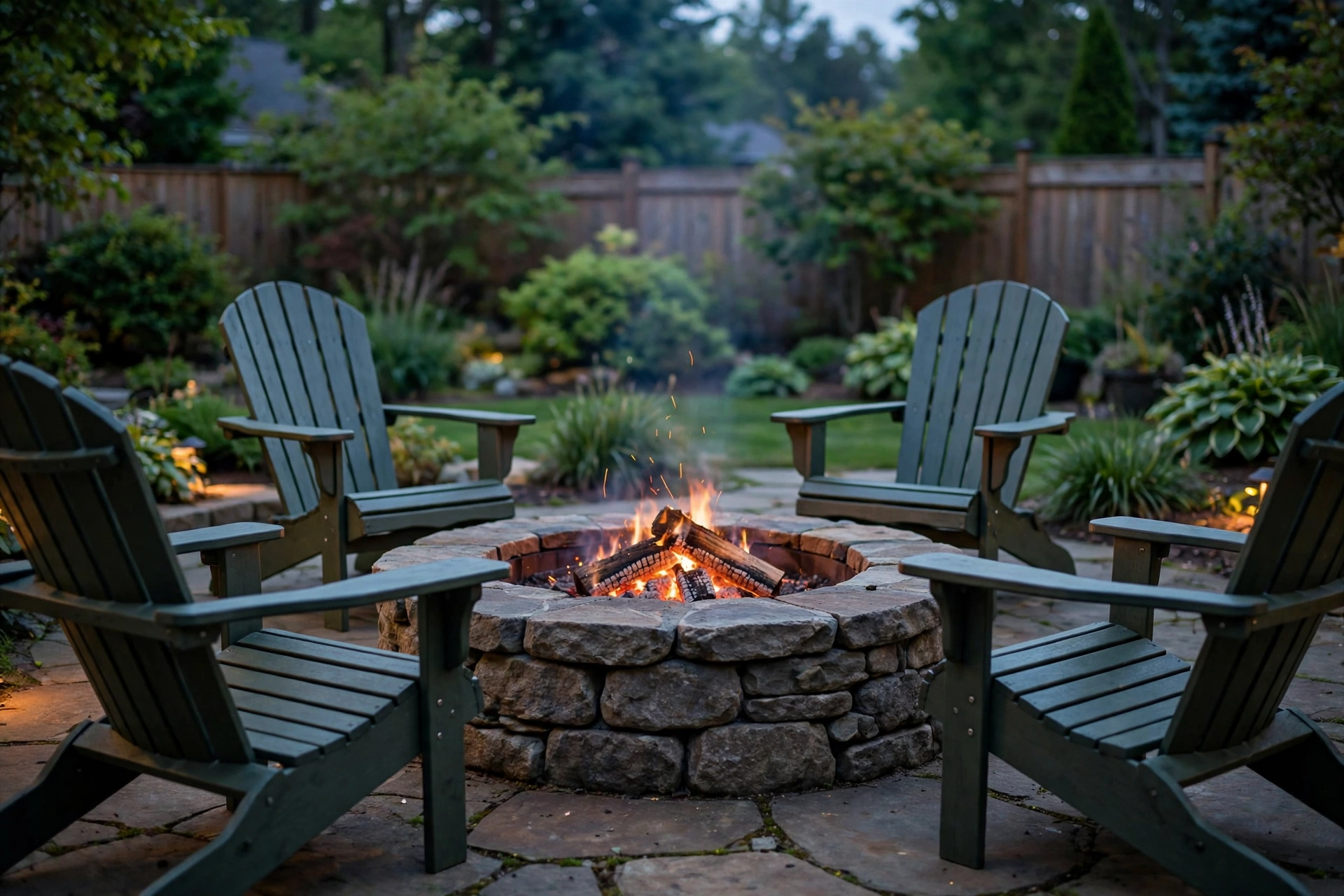 Backyard fire pit lounge with comfortable chairs arranged around a stone fire pit