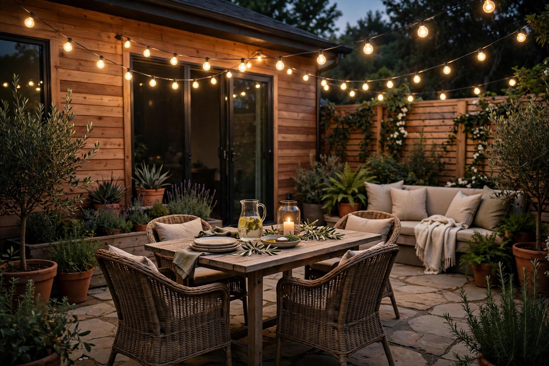 Backyard patio draped with warm string lights in the evening