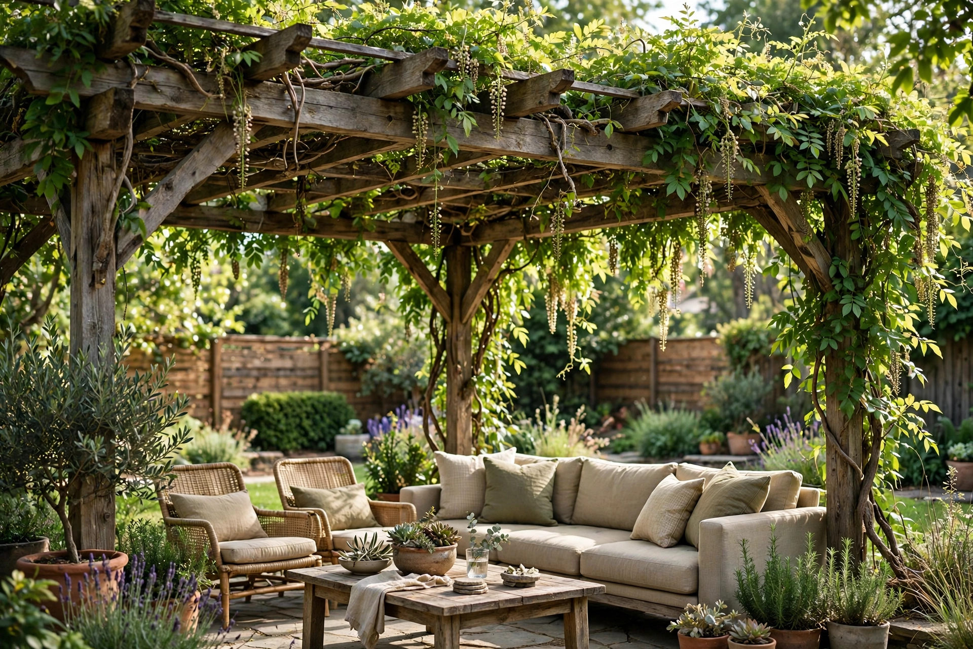 Wooden pergola with climbing vines shading a backyard seating area