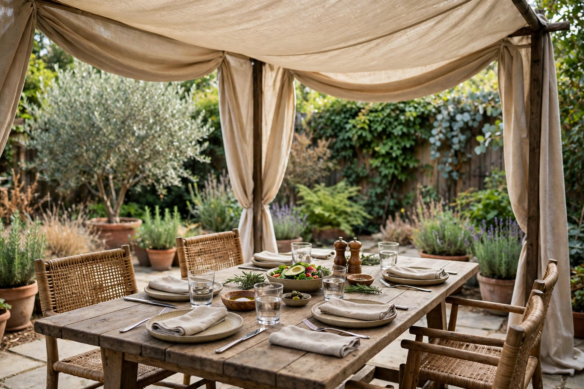 Outdoor dining table with chairs under a canopy in a backyard