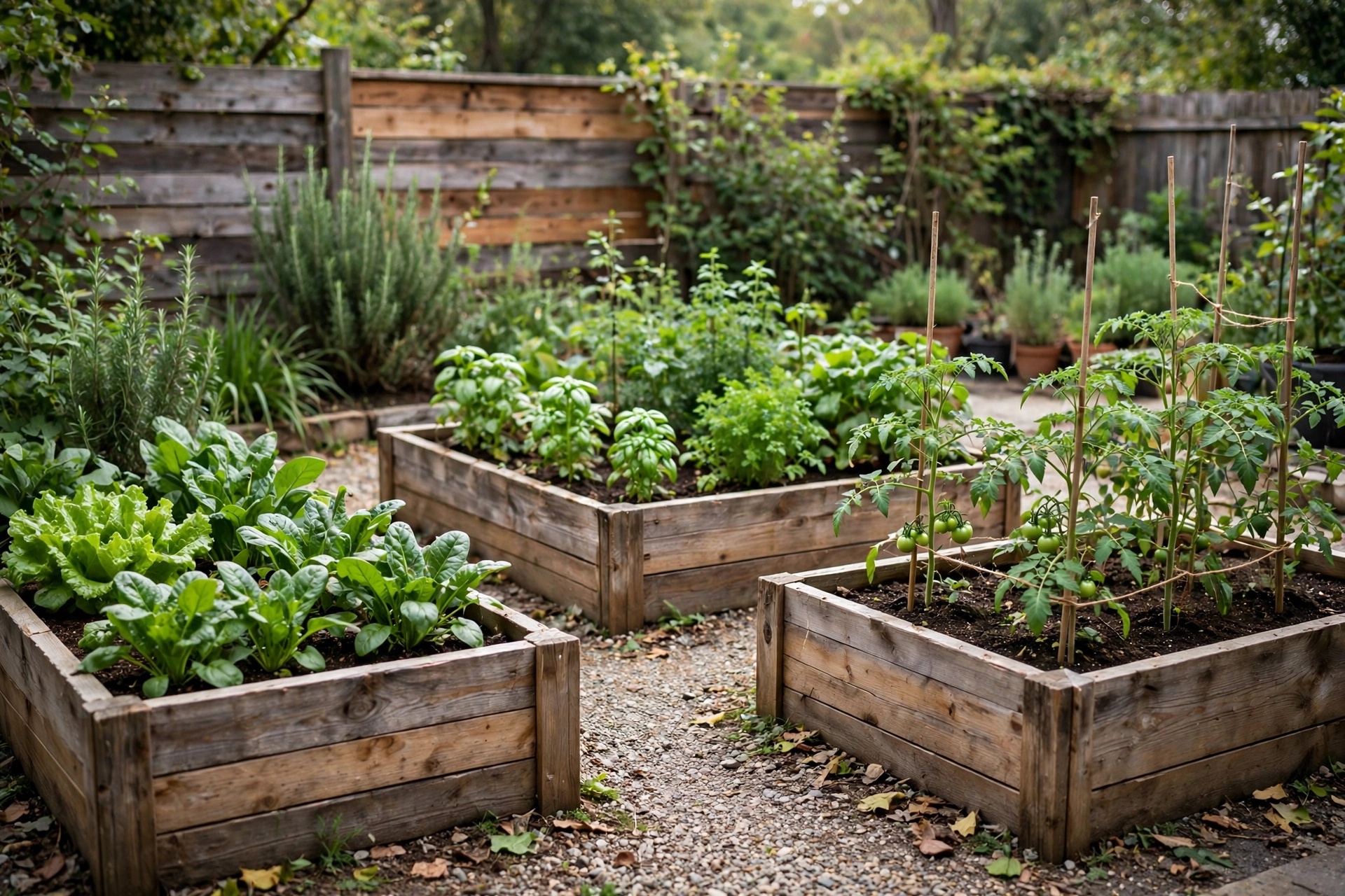 Raised wooden vegetable garden beds with thriving green plants