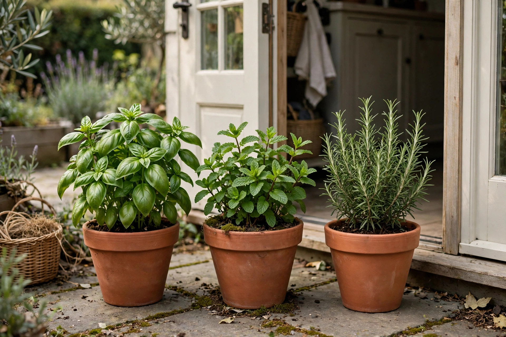 Herb garden in pots near a backyard kitchen door with basil mint and rosemary