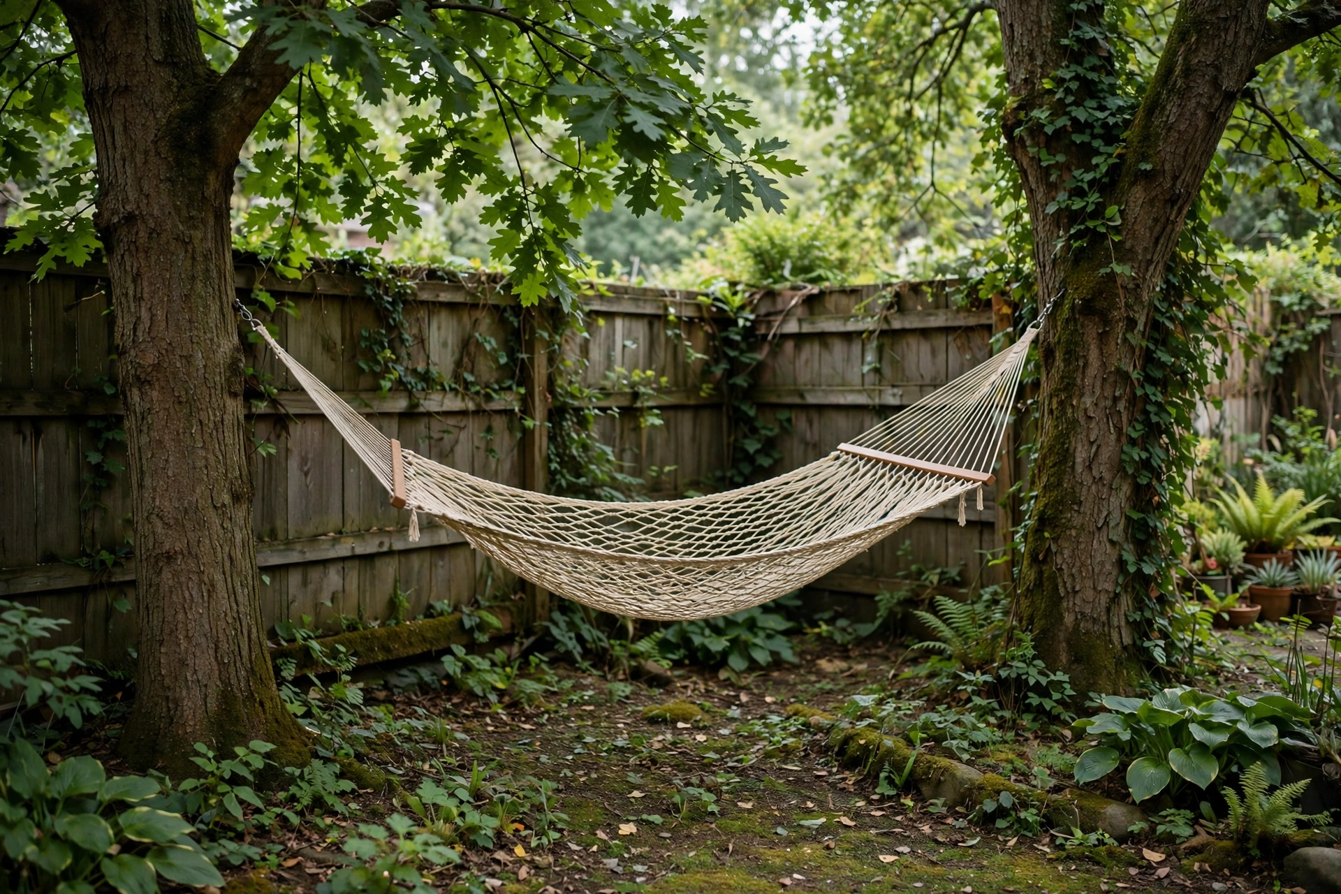 Hammock strung between two trees in a shady backyard corner