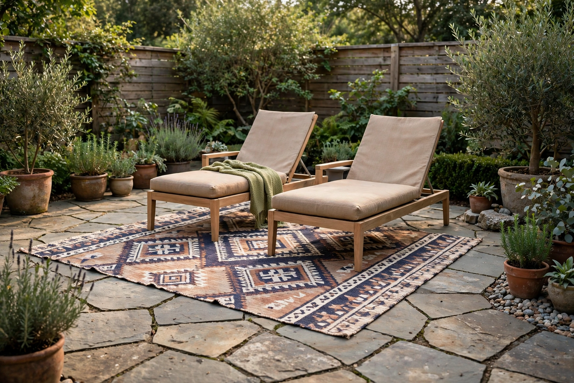 Stone patio with a patterned outdoor rug and lounge furniture
