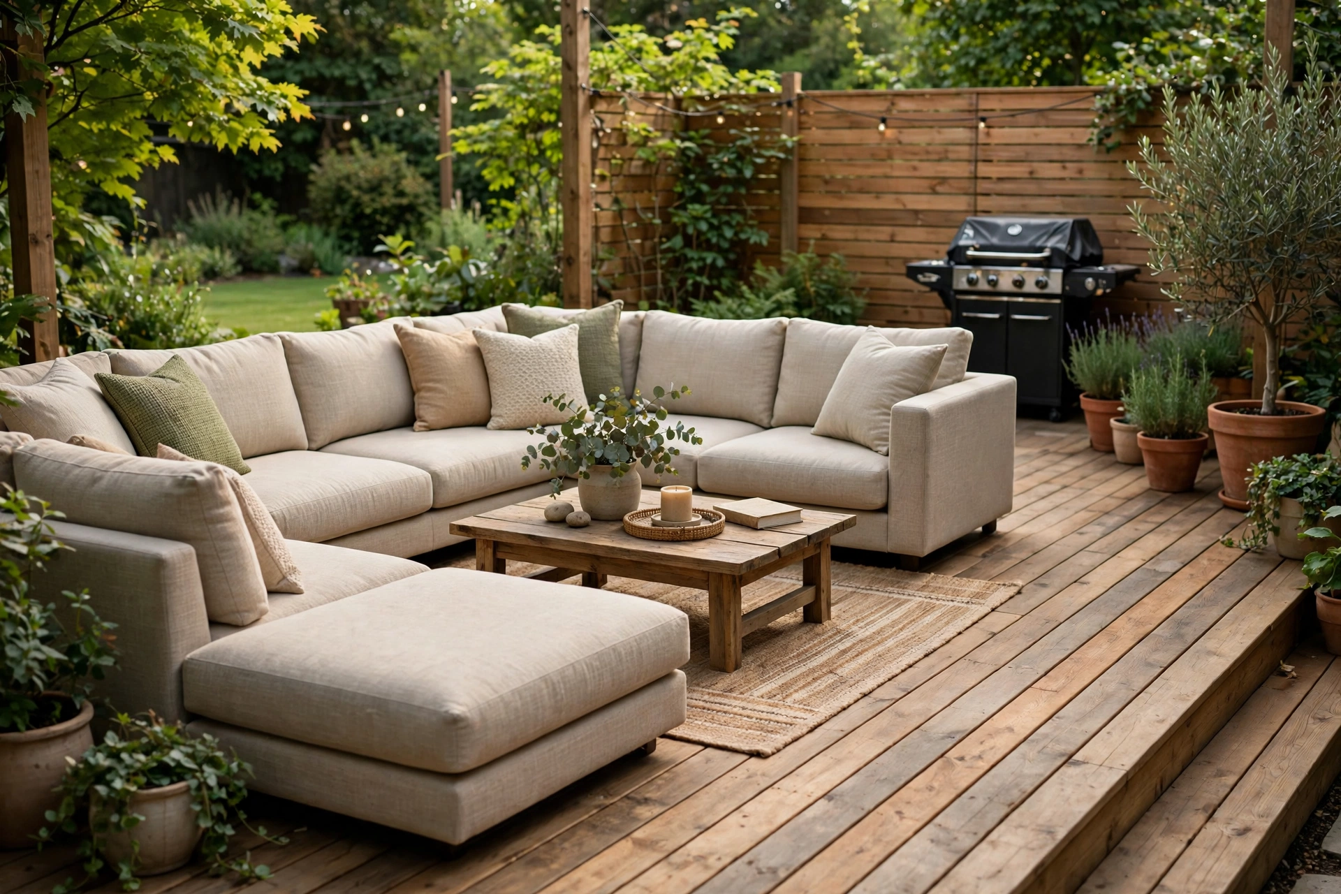Wooden deck with a large outdoor sectional sofa and cushions