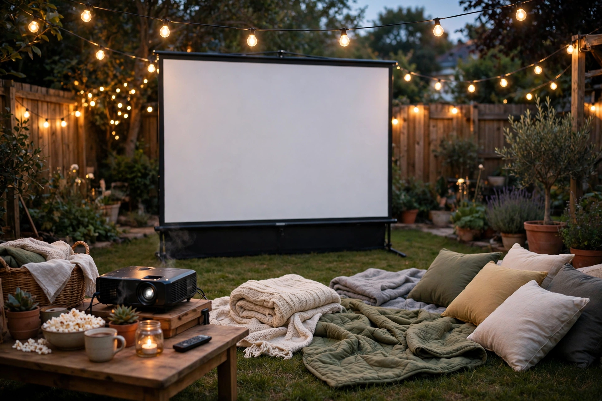 Backyard movie night with a projector screen blankets and string lights