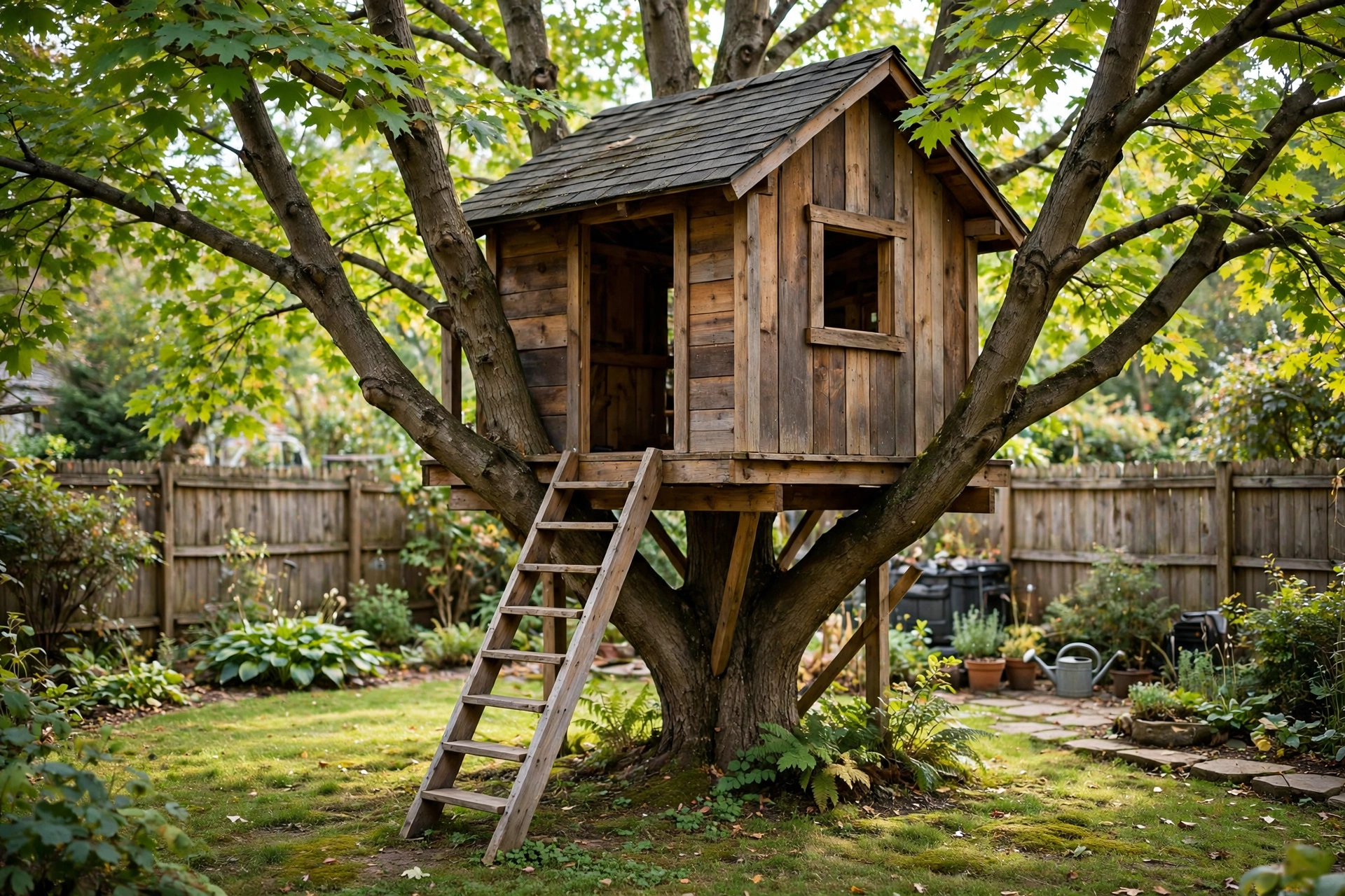 Wooden treehouse nestled in a backyard tree with a small ladder